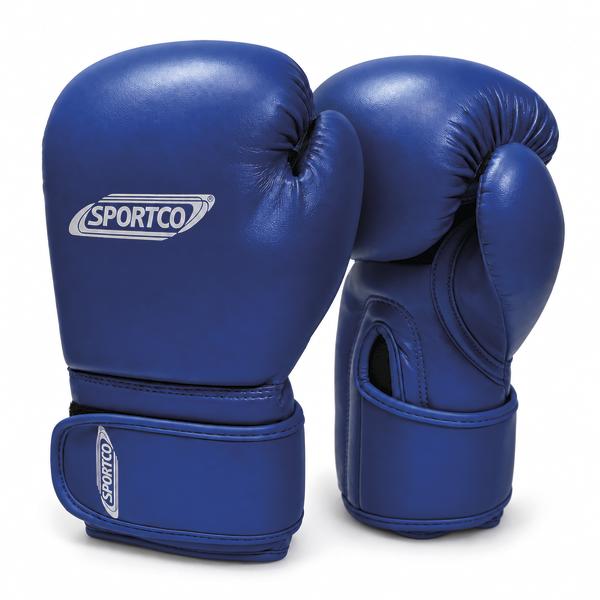 Paar blaue Sportco Boxhandschuhe mit breiten Klettverschlüssen und weißem Sportco Logo.