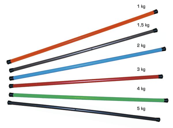 Bunte Gymnastik-Stäbe in verschiedenen Gewichten von 1 bis 5 kg, ideal für Fitnessübungen.