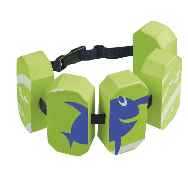 Schwimmgürtel aus grünem Schaumstoff mit blauen Fischmotiven und verstellbarem schwarzen Gurt.