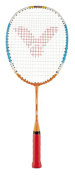 Badmintonschläger mit rotem Griff und blau-orangefarbenem Rahmen, weißer Bespannung.