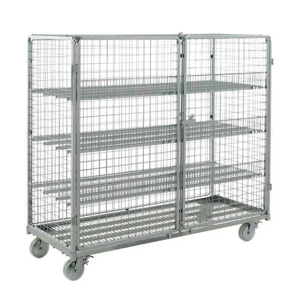 Mobiler Drahtgitter-Regalwagen mit vier Ablagen und vier Lenkrollen für Lager und Transport.