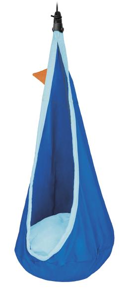 Blaues Hängesitzzelt für Kinder mit orangefarbenem Flossen-Detail, ideal zum Entspannen.