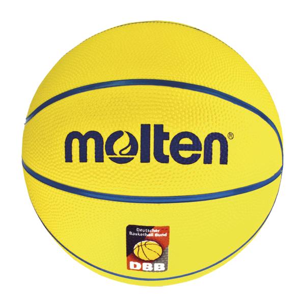 Gelber Basketball mit blauem „molten“-Logo und DBB-Emblem vor weißem Hintergrund.