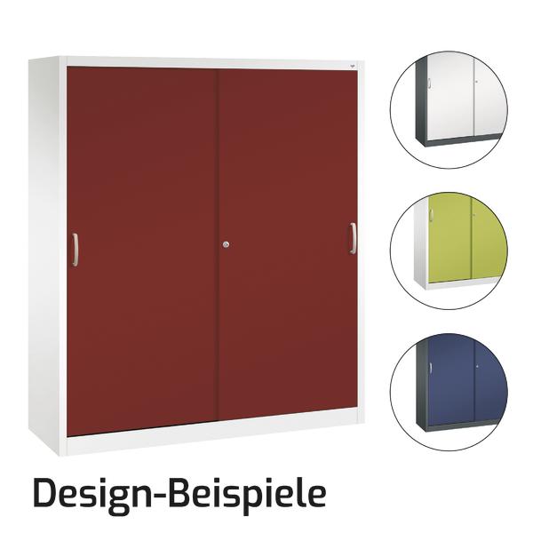 C+P Sportgeräteschrank Typ IV mit Schiebetüren in Rubinrot und verschiedenen Farbdesigns.