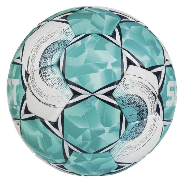 Seitliche Ansicht eines türkis-weißen Handballs mit grafischem Muster und teilweise sichtbarer „SELECT“-Aufschrift.