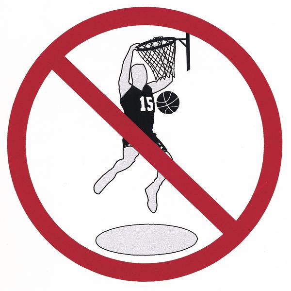 Verbotsschild mit durchgestrichenem Basketballspieler, der einen Dunk ausführt.