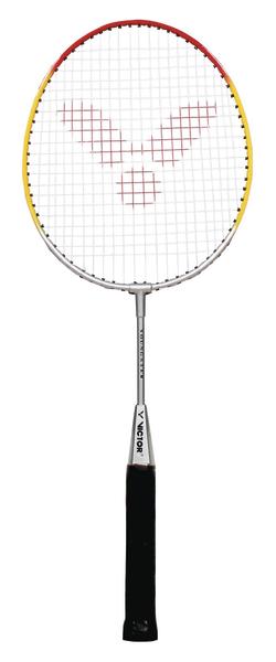 Badmintonschläger mit rotem und gelbem Rahmen und schwarzem Griff, Marke Victor.