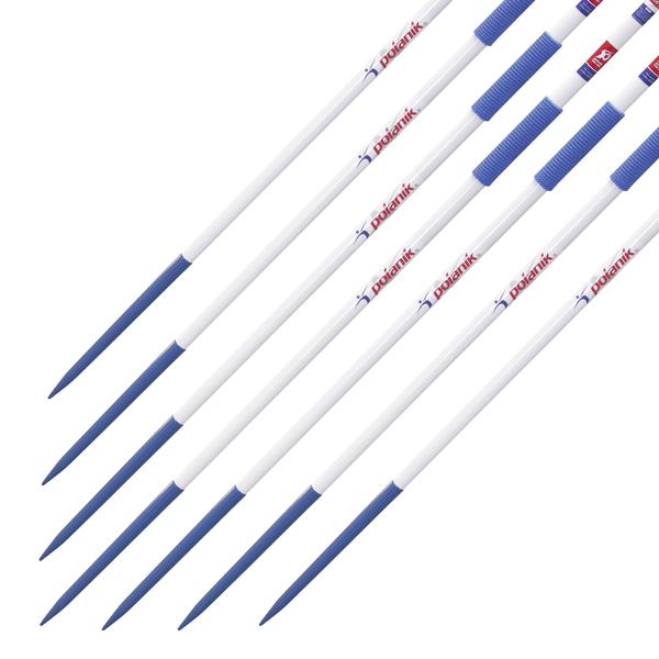 Set aus sechs weißen Trainingsspeeren mit blauen Spitzen und Griffen, Marke Polanik.