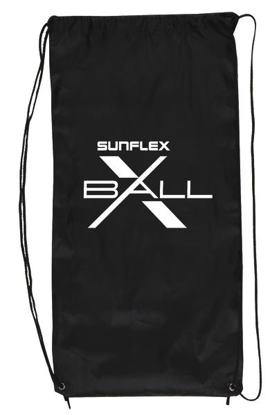 Schwarzer Sportbeutel mit weißem Sunflex X-Ball Logo und Kordelzugverschluss.