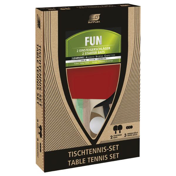 Tischtennis-Set mit 2 Schlägern und 3 weißen Bällen in umweltfreundlicher Verpackung.