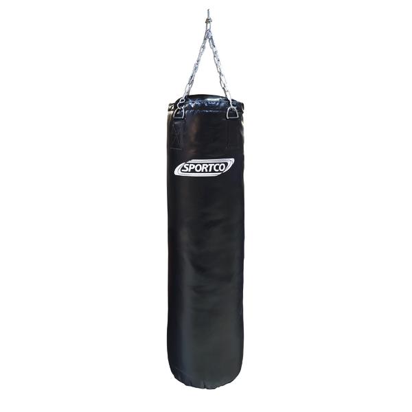 Schwarzer Sportco Boxsack mit weißem Sportco Logo und stabiler Kettenaufhängung aus Metall für Box- und Kampfsporttraining.