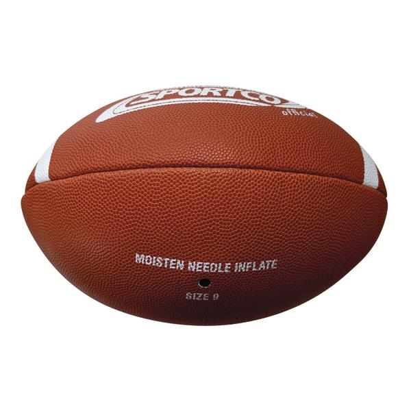 Seitenansicht eines braunen SPORTCO Official Gummi-Footballs mit genoppter Oberfläche, weißen Streifen und klassischer American-Football-Form