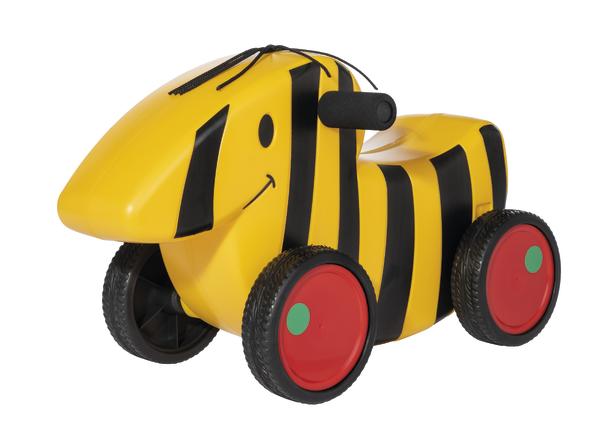 Kinderfahrzeug in Bienen-Design mit vier Rädern und Lenker, gelb-schwarz gestreift.