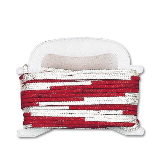 Rotes und weißes Kletterseil auf weißem Kunststoffhalter gewickelt.