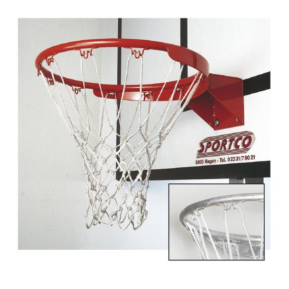 Basketballkorb mit rotem Metallring und weißem Netz an Sportico-Basketballbrett.