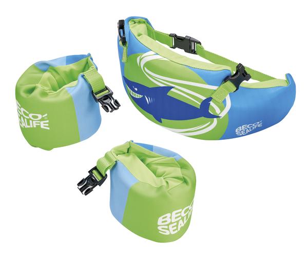 Beco Sealife Schwimmhilfe mit blau-grünen Arm- und Schwimmflügeln für Kinder.