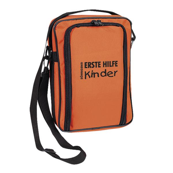 Orange Erste-Hilfe-Tasche für Kinder mit Tragegurt, kompakt und gut sichtbar.