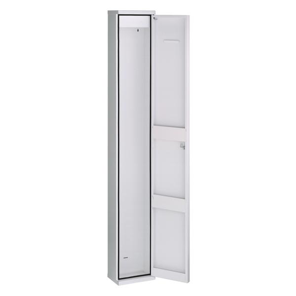Schmaler weißer Metallschrank mit offener Tür, ideal für Garderobe oder Aufbewahrung.