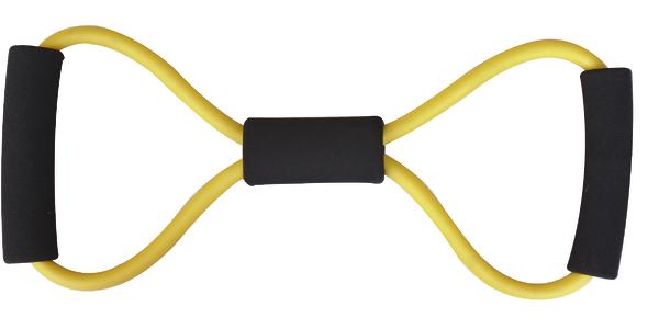 Gelbes Fitness-Expanderband mit Schaumstoffgriffen für Kraft- und Widerstandstraining.