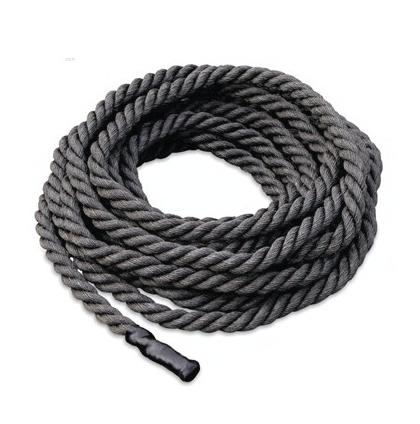 Schwarzes, dickes Trainingsseil aus robustem Material, zusammengerollt auf weißem Hintergrund.