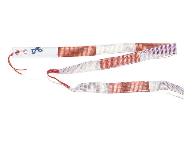 Huck Sicherheitsnetz-Befestigungsschlaufe mit rot-weißem Netzband für Absturzsicherung.