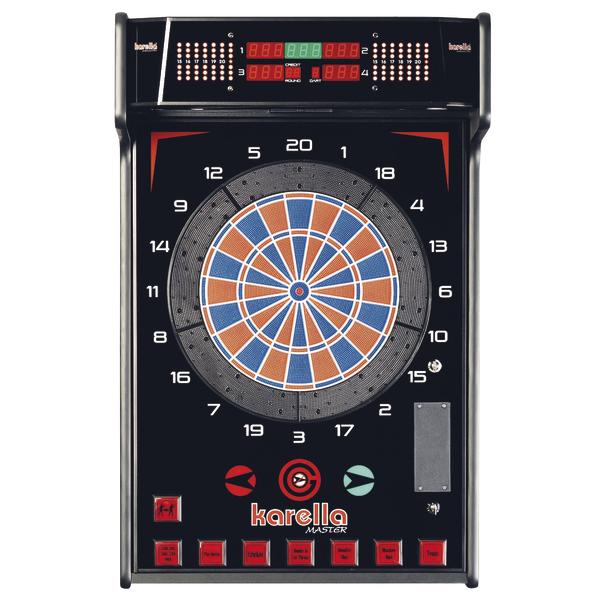 Elektronische Karella Master Dartscheibe mit digitaler Anzeige und farbigen Segmenten.