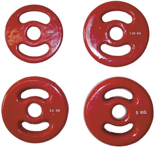 Vier rote Hantelscheiben 0,5 kg, 1,25 kg, 2,5 kg und 5 kg.