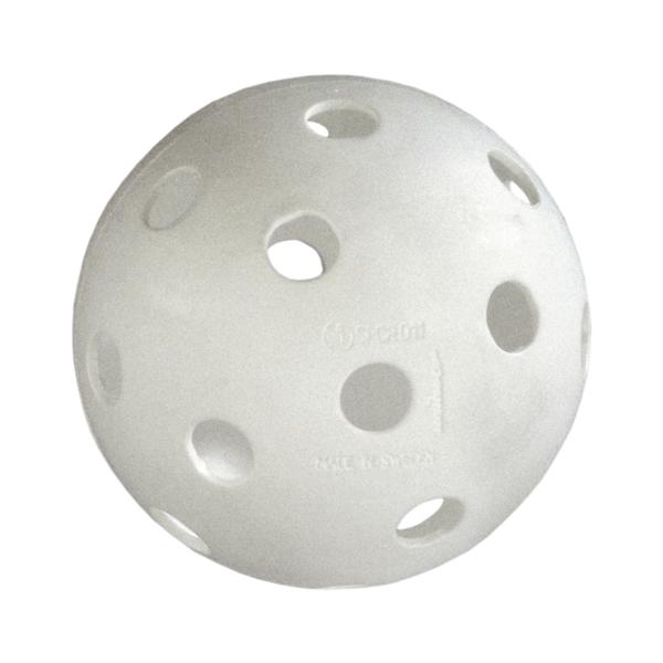 Weißer Kunststoffball mit Löchern, typischer Floorball- oder Unihockeyball.
