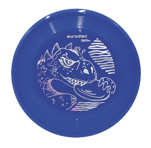Blauer Eurodisc Softdisc Frisbee mit silbernem Drachenmotiv und Zebrastreifen-Design.