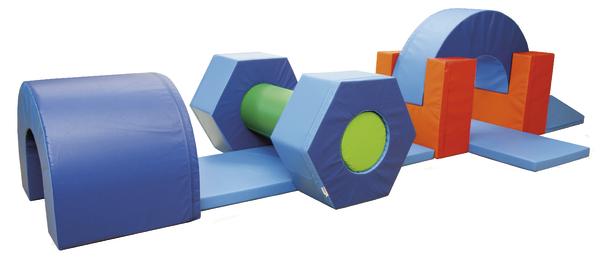 Weiches Kletter- und Spielset aus Schaumstoff in Blau, Grün und Orange für Kinder.