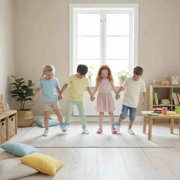 Vier Kinder stehen Hand in Hand und balancieren gemeinsam bei einem Spiel im Raum.