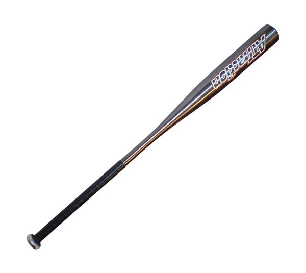 Baseballschläger aus Metall mit schwarzem Griff und Aufschrift "Allteam" auf weißem Hintergrund.