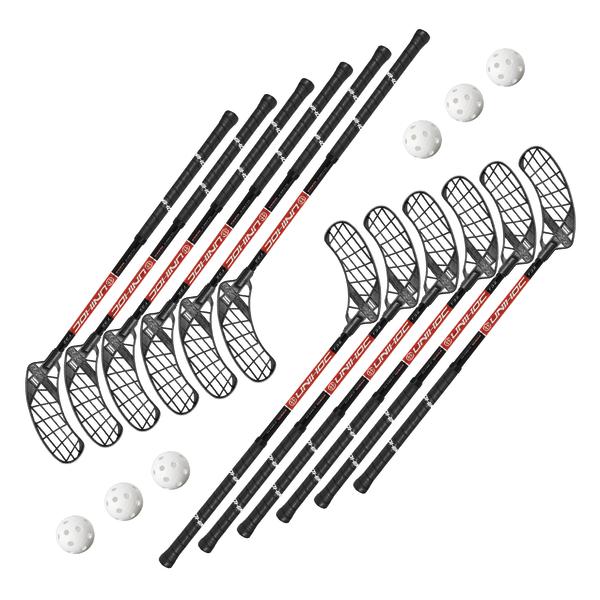 Set aus mehreren Unihockey-/Floorballschlägern mit passenden Kunststoffbällen für Mannschaftsspiele und Training.