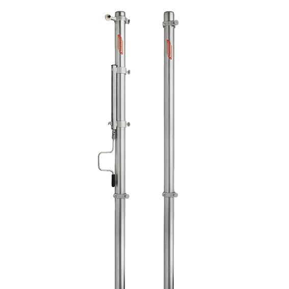 Sportco Volleyballpfosten aus verzinktem Stahl mit Spannvorrichtung, Umlenkrollen und Netzhaken.