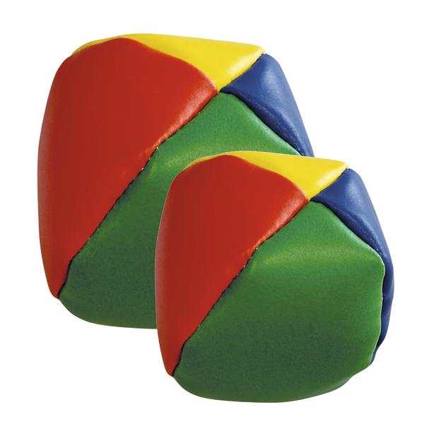 Zwei mehrfarbige Jonglierbälle in Rot, Gelb, Blau und Grün vor weißem Hintergrund.