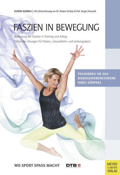 Frau in Sportkleidung springt dynamisch, umgeben von farbigen Faszien-Grafiken.