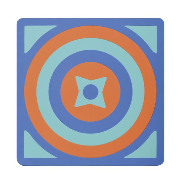 Farbenfrohes geometrisches Muster mit konzentrischen Kreisen und Stern in Blau und Orange.