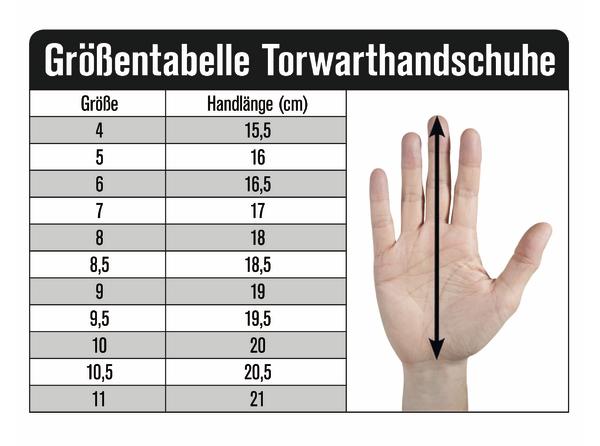 Größentabelle für Torwarthandschuhe mit Handlängen von 15,5 bis 21 cm und Handbild.