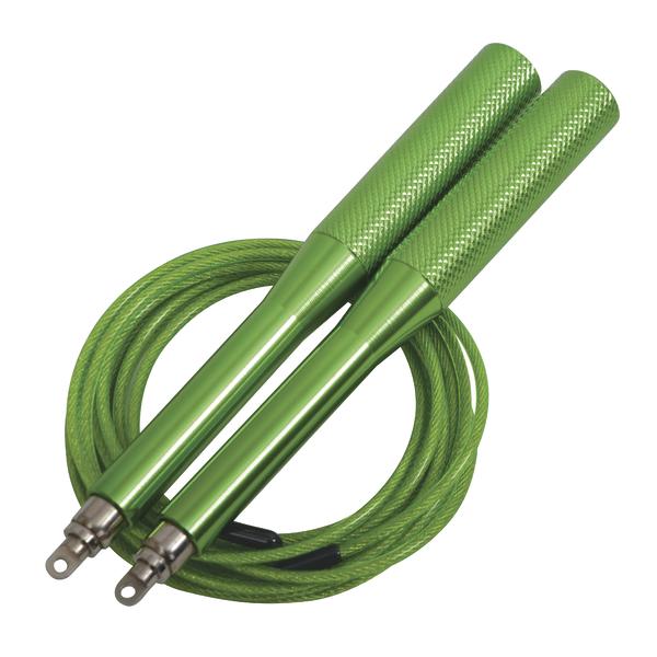 Grünes Springseil mit Metallgriffen und verstellbarem Kabel für Fitness und Training.