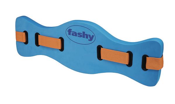 Blauer Schwimmbrett-Gürtel mit orangen Gurten und "fashy" Logo für Schwimmtraining.