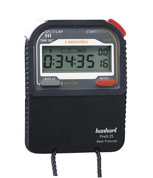 Digitaler Stoppuhr Hanhart Profil 25 mit schwarzem Gehäuse und Timer-Anzeige.