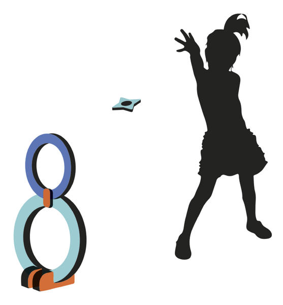 Kind wirft Sternchen in Zielringe, Silhouette vor weißem Hintergrund, Spielaktivität draußen.