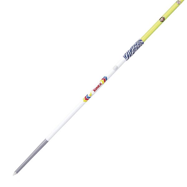 Moderner Speer für Leichtathletik mit farbigem Griff und spitzem Metallende.