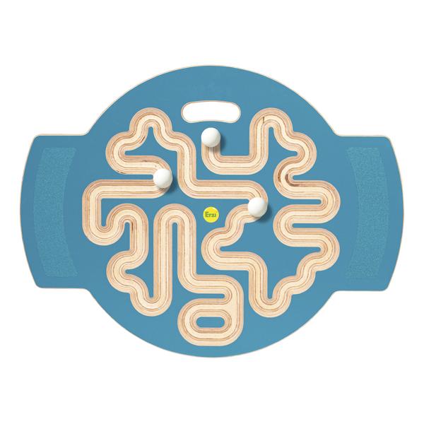 Rundes Labyrinth-Balancierbrett mit drei weißen Kugeln auf blauem Untergrund, Handgriffe seitlich.