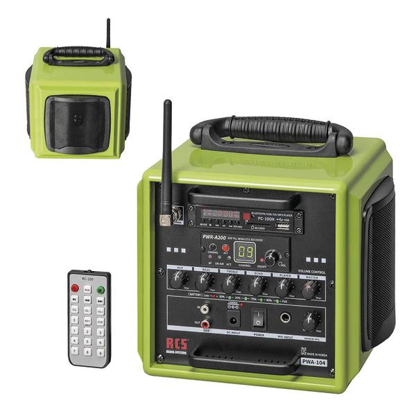 Tragbarer grüner Bluetooth-Lautsprecher mit Antenne und Steuerungspanel .