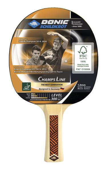 Donic Schildkröt Tischtennisschläger Champs Line mit FSC-Logo und Spielerabbildungen.