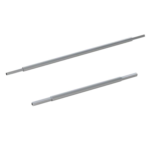 Zwei ausziehbare Verbindungsstangen aus Metall auf weißem Hintergrund.