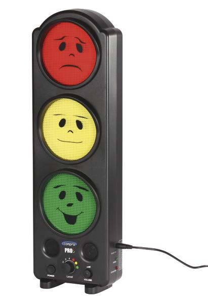 Ampel mit drei Gesichtern: Rot traurig, Gelb neutral, Grün fröhlich, als Stimmungsanzeige.