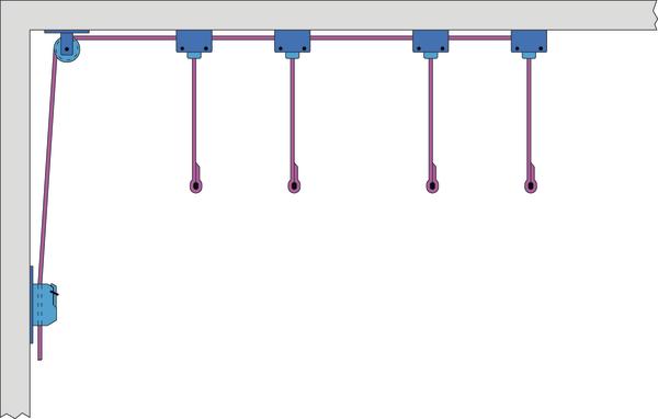 Mechanisches Seilzugsystem mit fünf Haken an einer horizontalen Schiene.