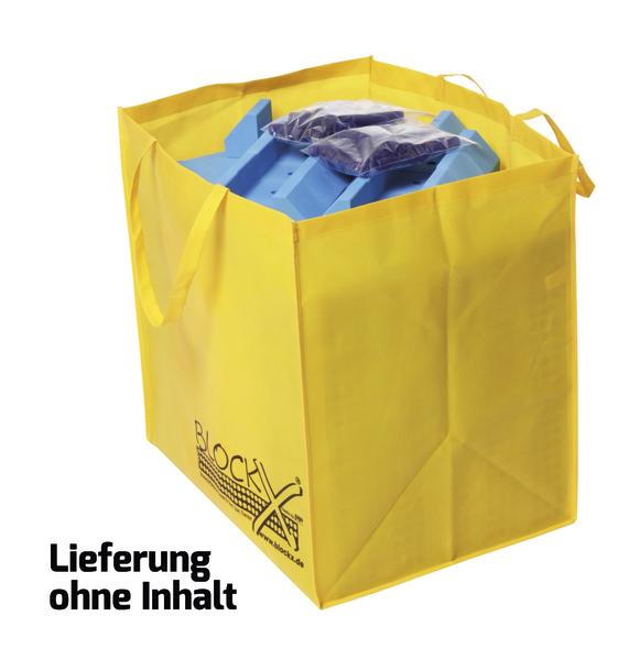 Gelbe BlockX Tragetasche mit blauen Bauteilen und violetten Beuteln, Lieferung ohne Inhalt.